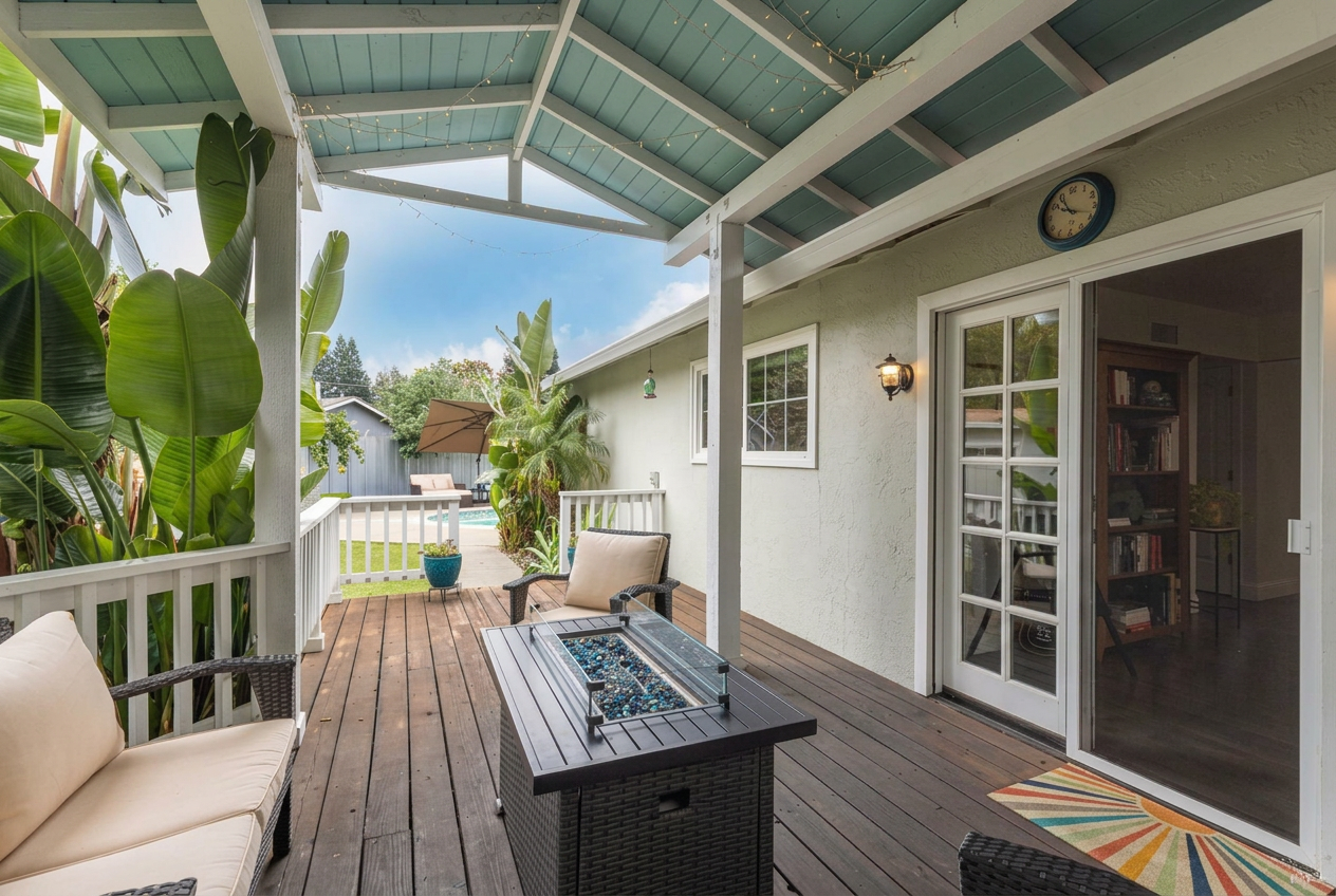 Covered porch with string lights, outdoor seating, and pool views